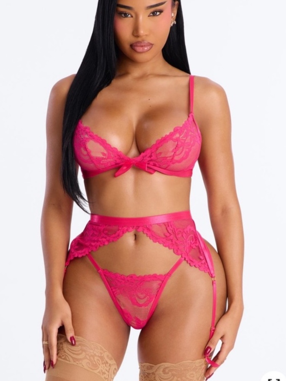 2/70$🔥Hot Pink Lace 3-Piece Lingerie Set with Garter
